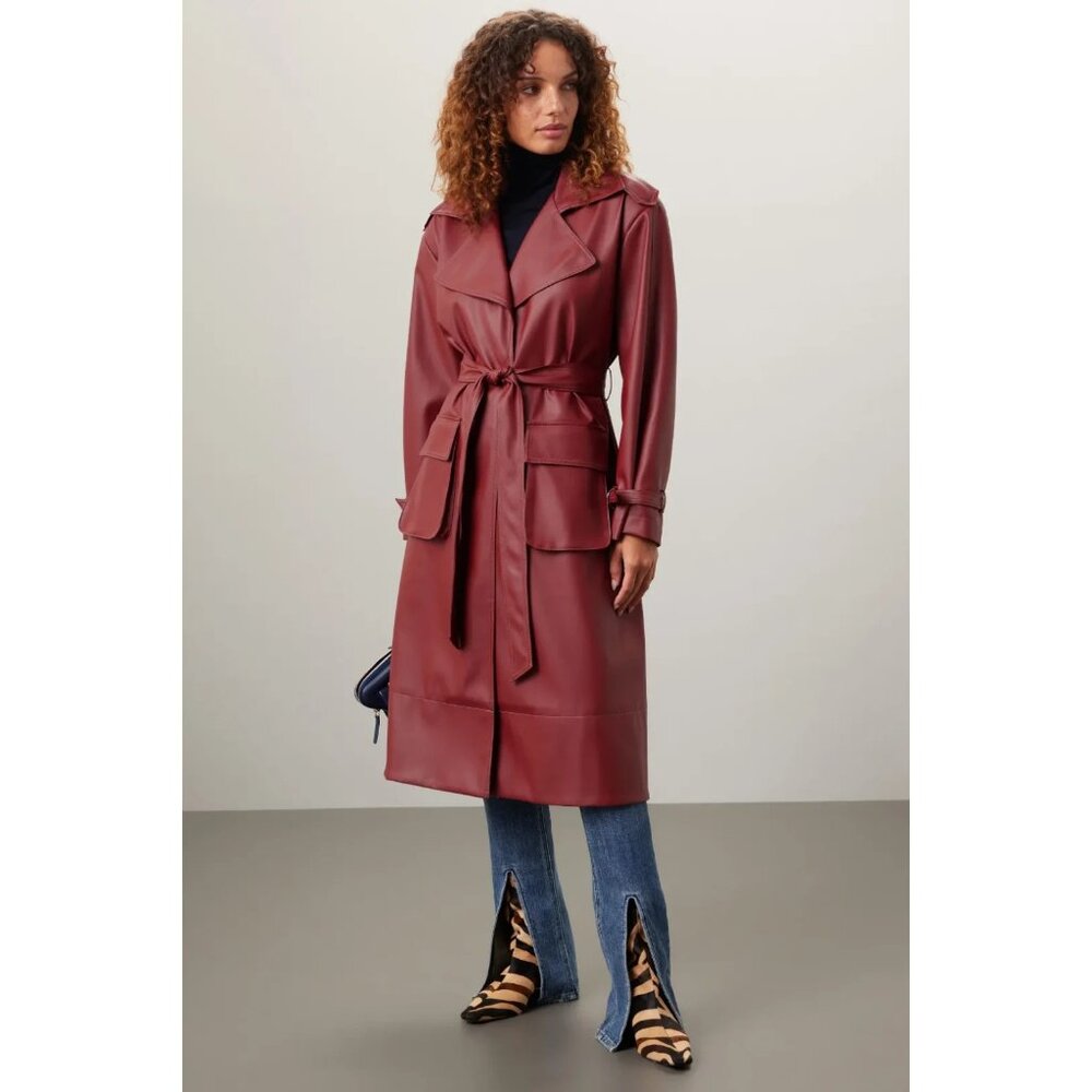 Ashley Park Long Red Faux Leather Jacket – Women’s Size M